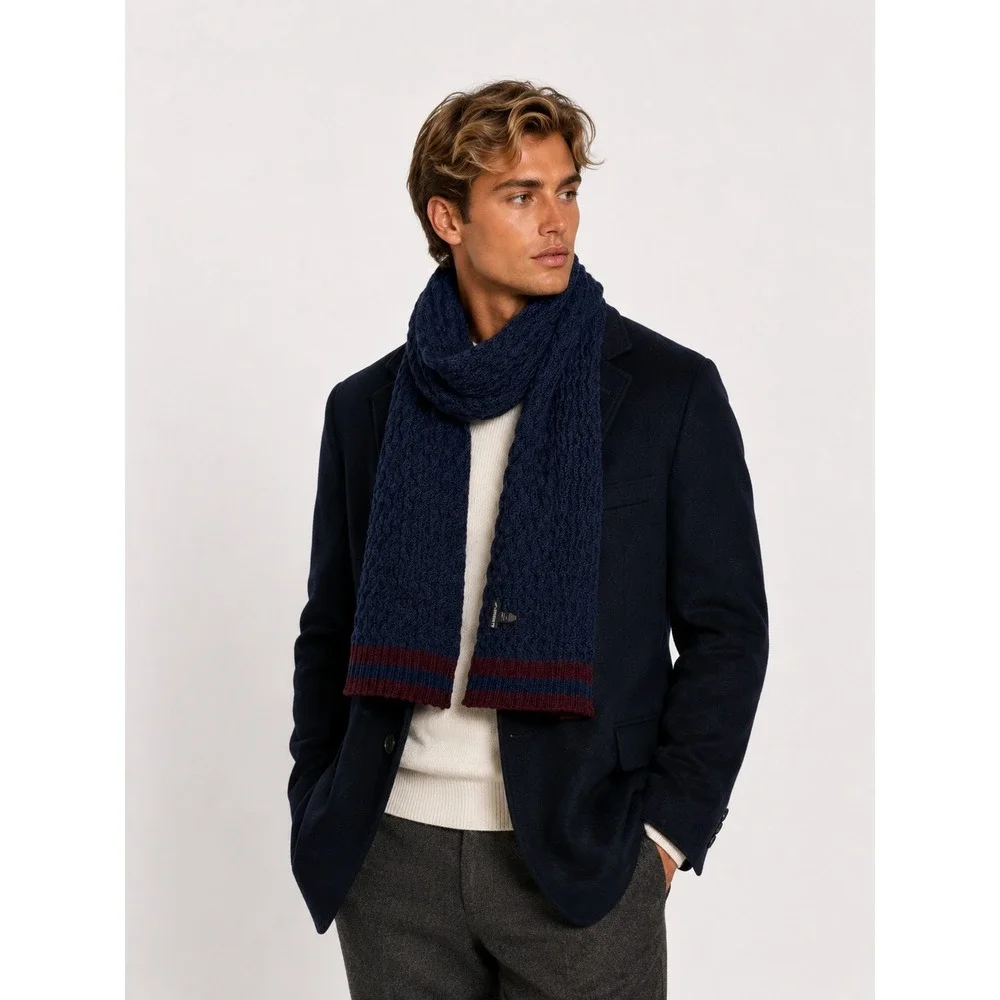 William Rast Navy Blue Burgundy 3D Cable Knit Scarf One Size Chunky